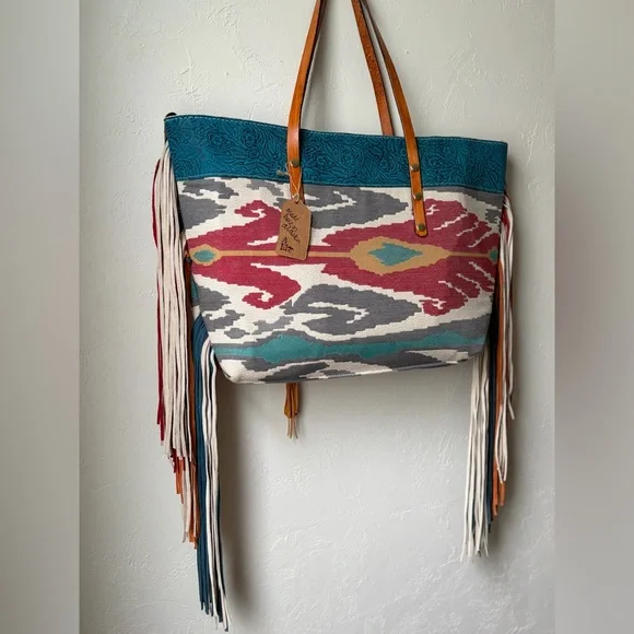Handmade Alaska Leather Fringe Tote Bag Oversized Southwestern Ikat Boho NEW - Picture 4 of 12